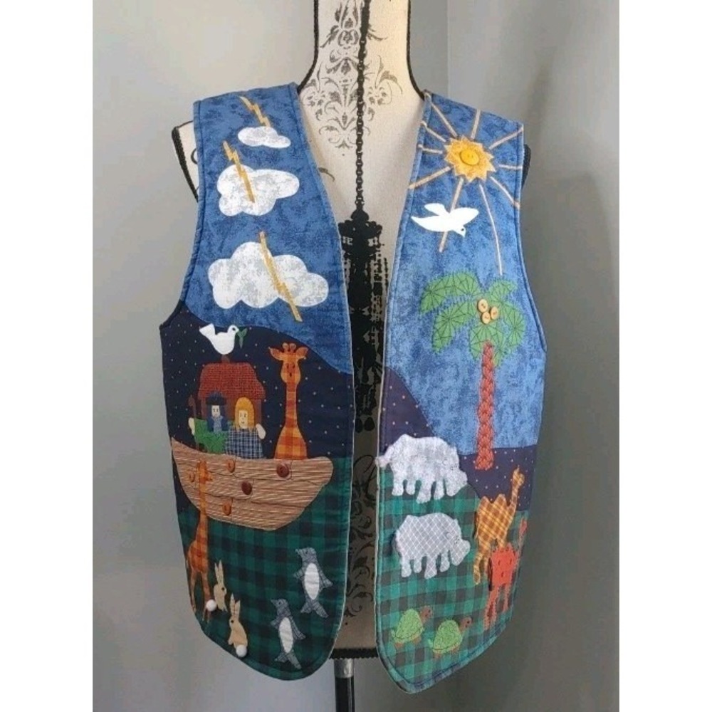 90s Handmade Appliqué Noah's Ark Detailed Quilted Vest M/L Teacher Whimsical - Picture 2 of 12